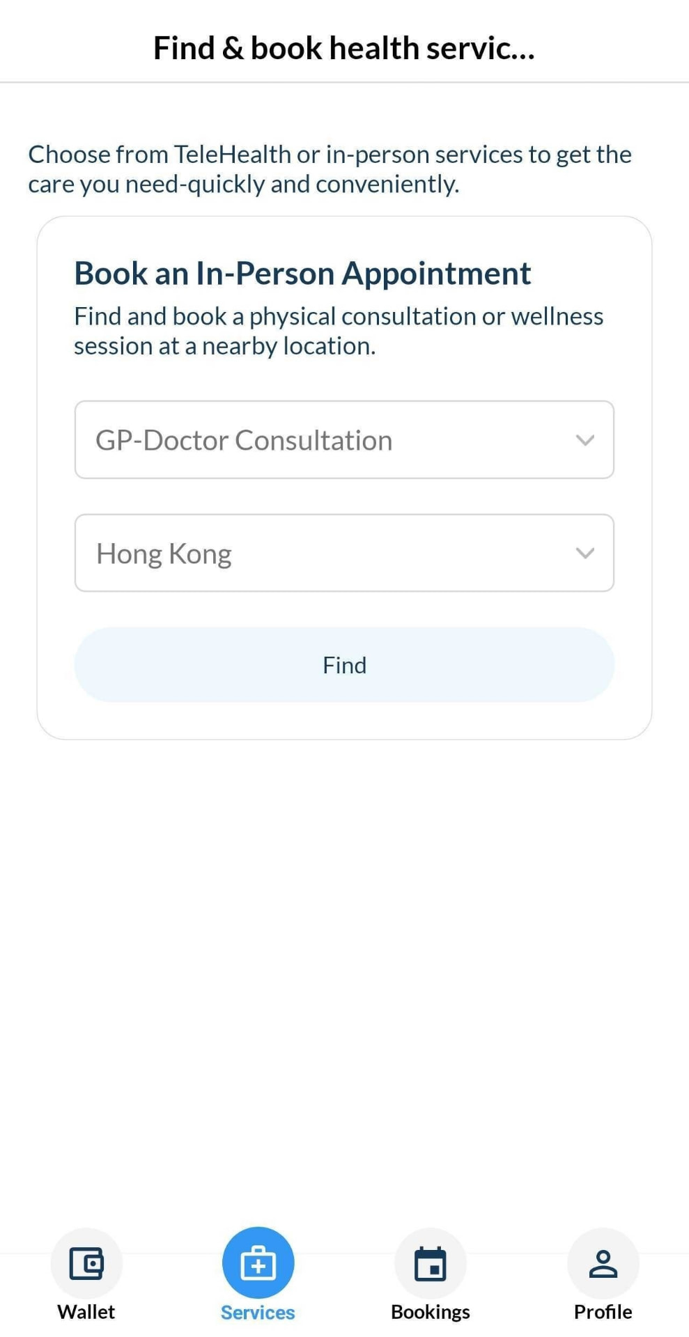 Health4Travel app search screen for finding care at a destination
