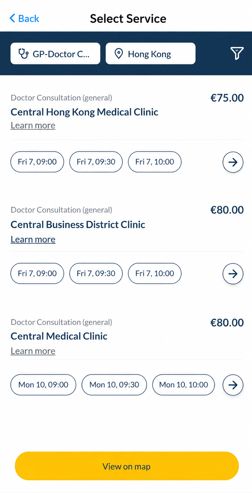 Health4Travel app results screen listing participating clinics with prices and available appointment times