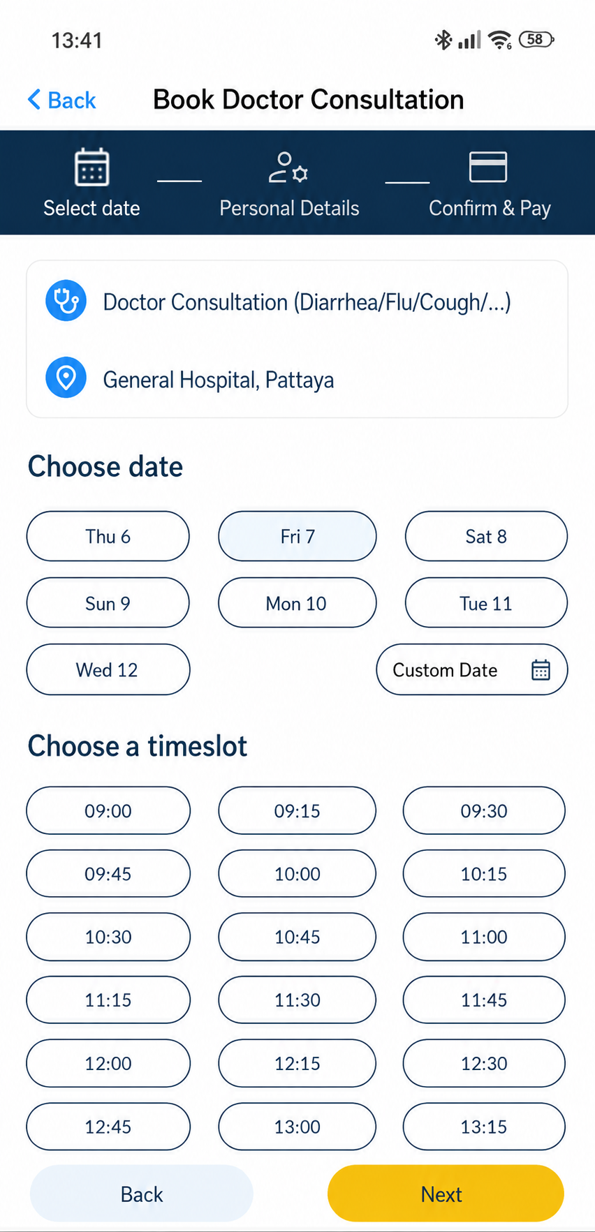 Health4Travel app screen for choosing an appointment date and time