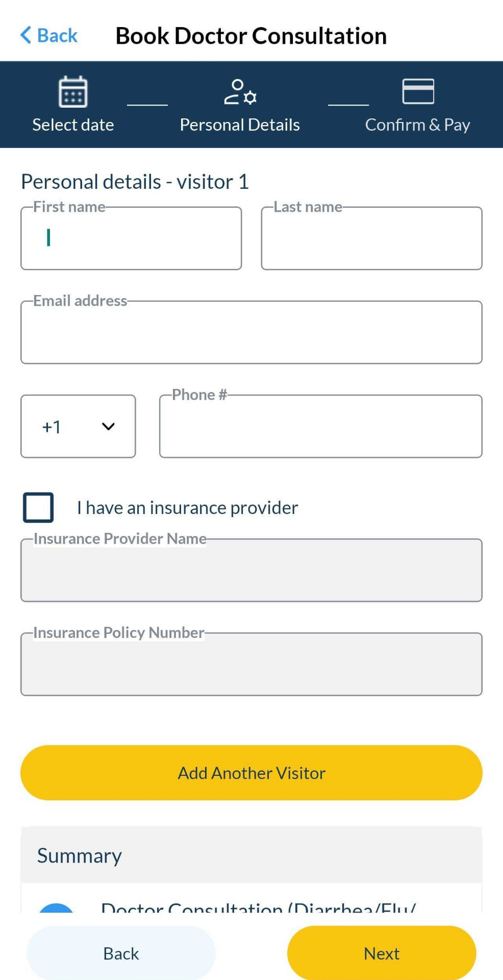 Health4Travel app booking details screen for completing an appointment booking
