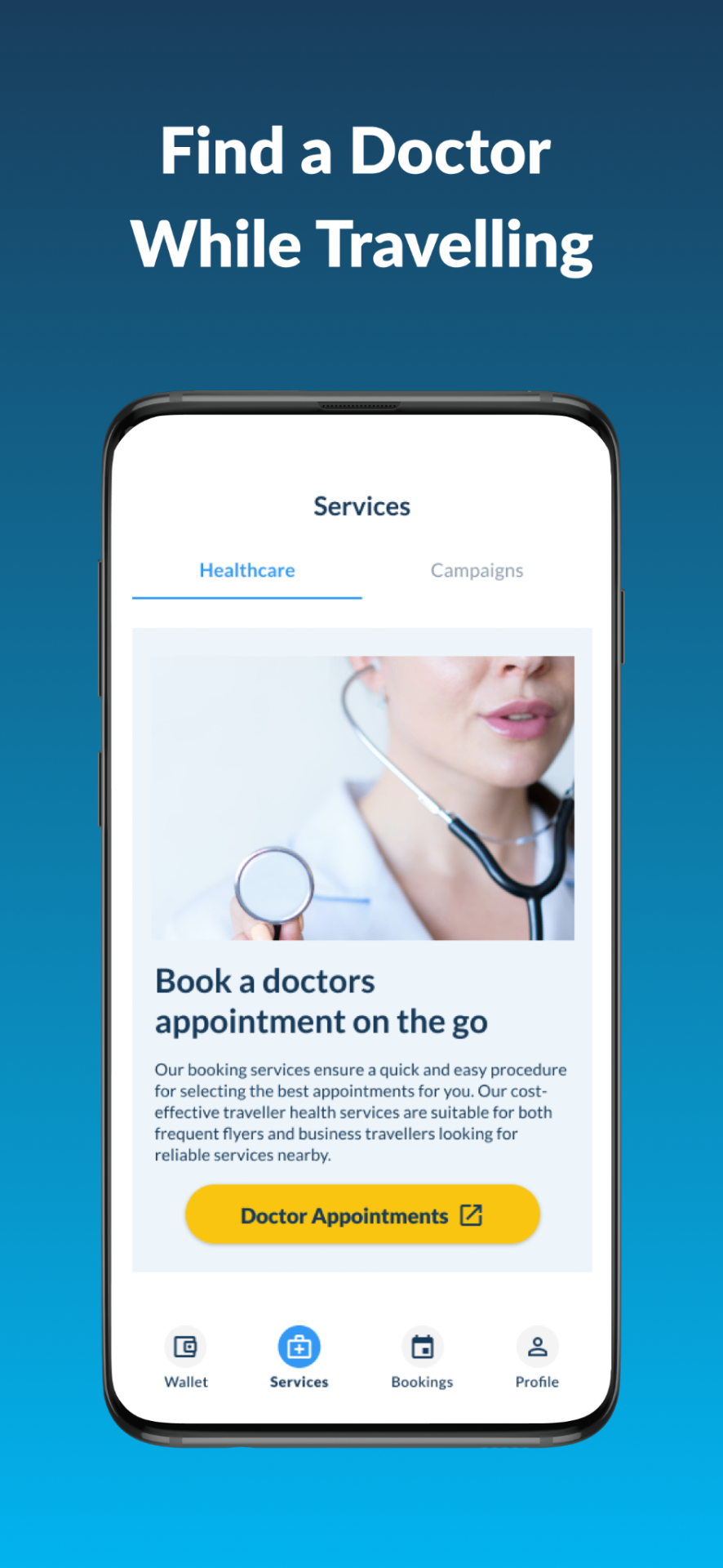 Health4Travel app showing care search on a phone